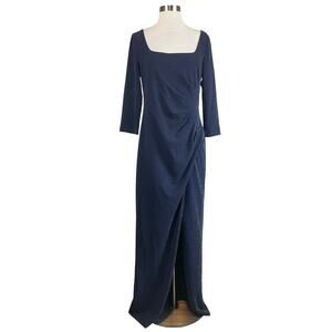 Adrianna Papell Long Sleeved Evening Gown Blue Metallic Size 8 Thigh Slit Formal